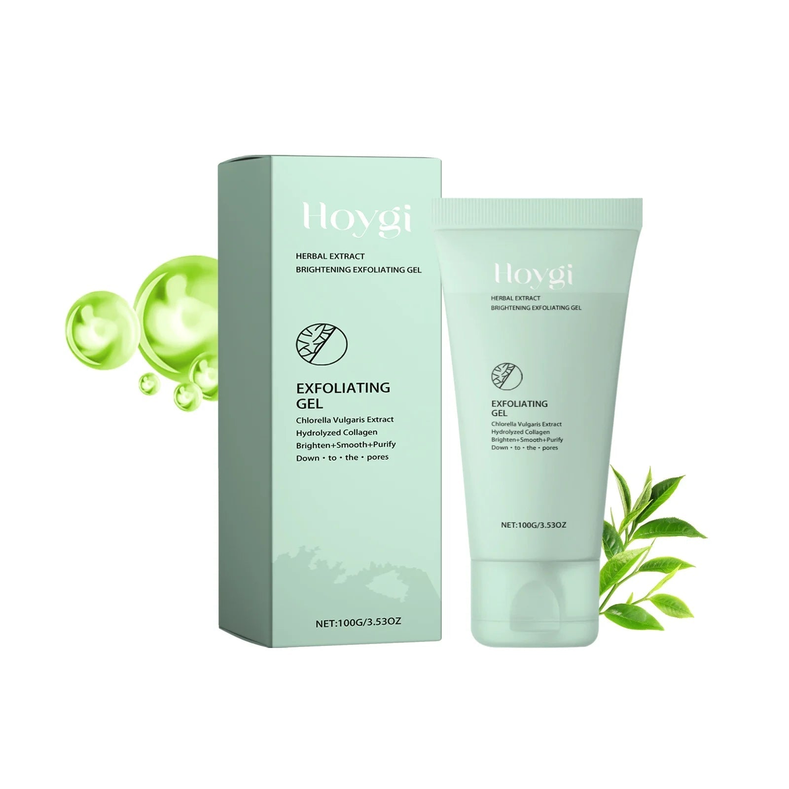 Hvoygi Exfoliating Gel packaging with a tube and box on a white background
